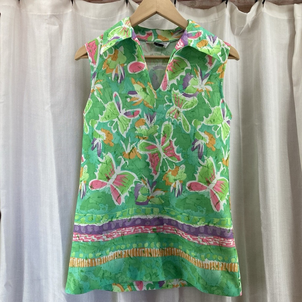 Vintage 60s Sleeveless Top Green Butterfly Print Mod Resort‎ V-Neck Blouse Small